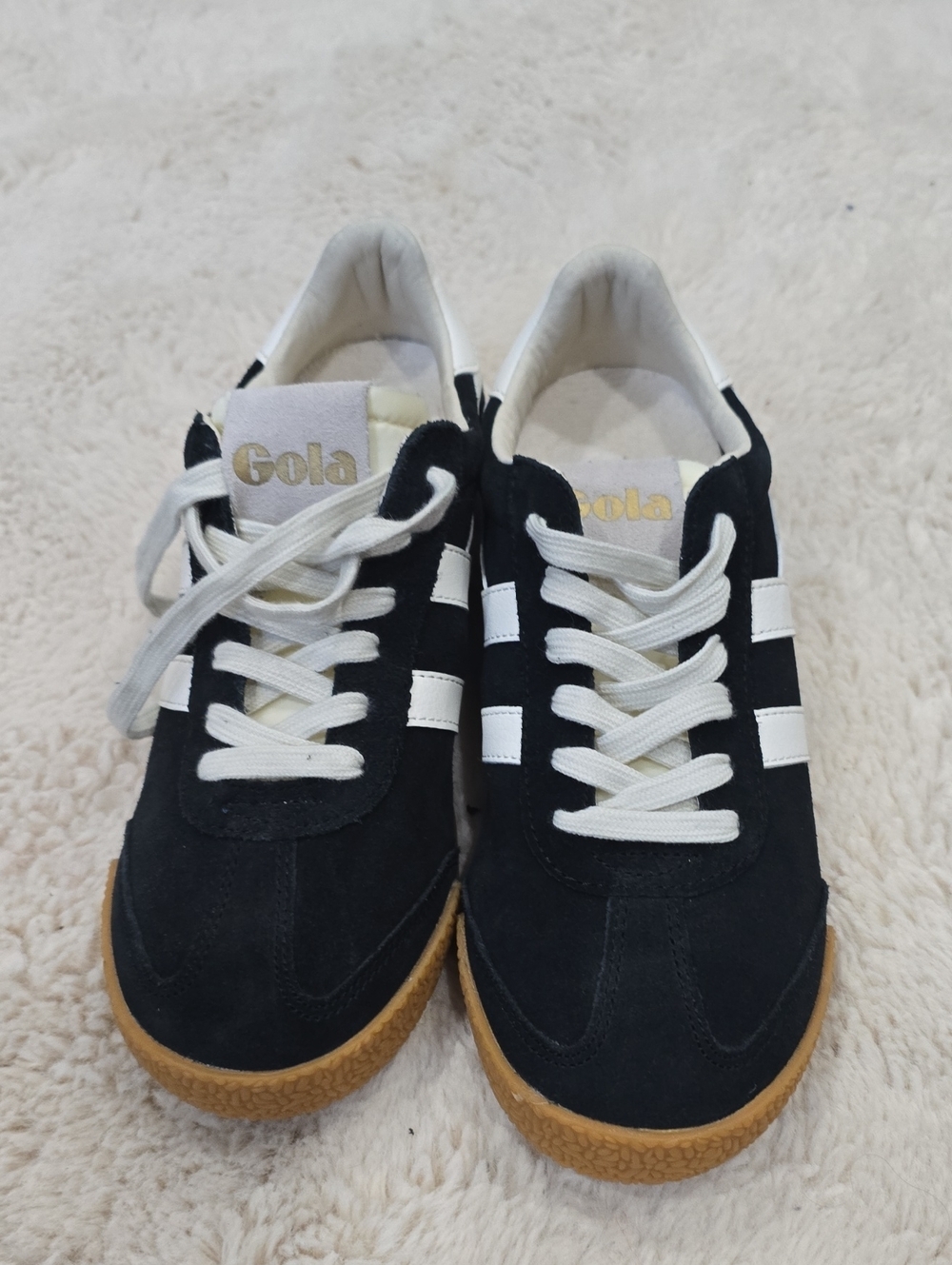 Gola Black Suede Trainers with White Stripes and Gum Sole